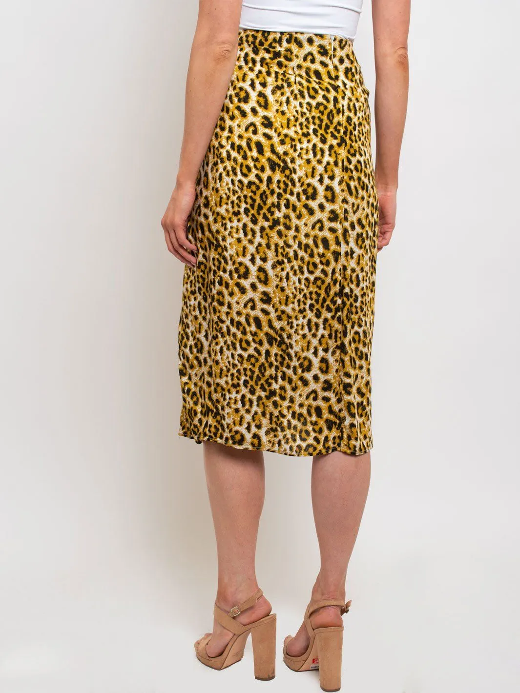 WOMEN'S TIE FRONT LEOPARD PRINT MIDI SKIRT