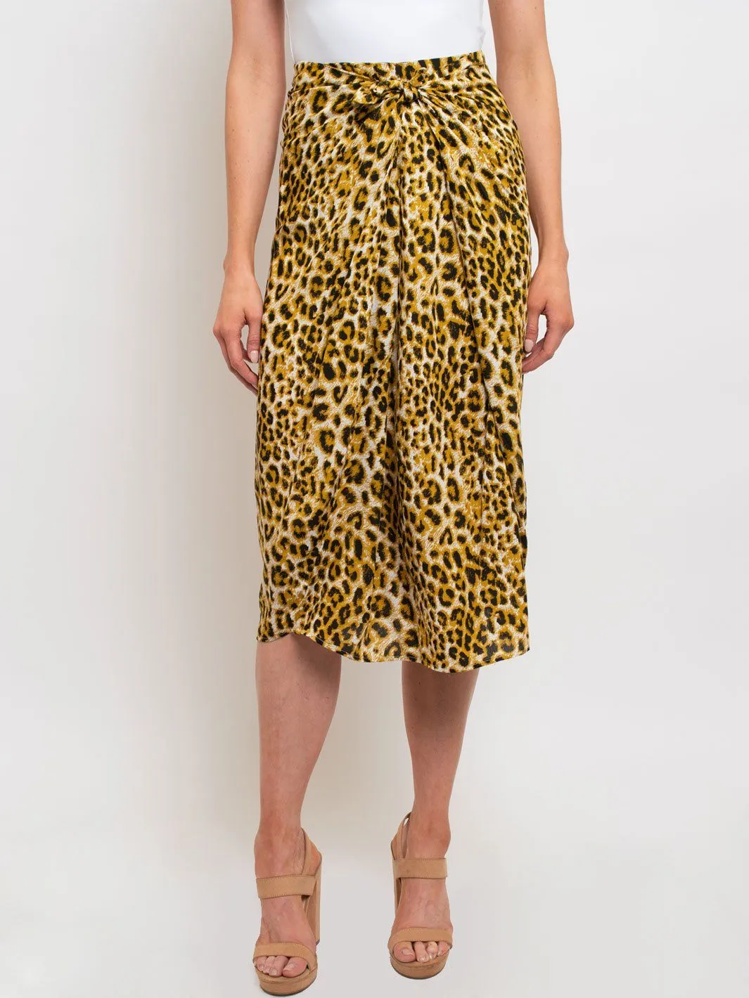 WOMEN'S TIE FRONT LEOPARD PRINT MIDI SKIRT