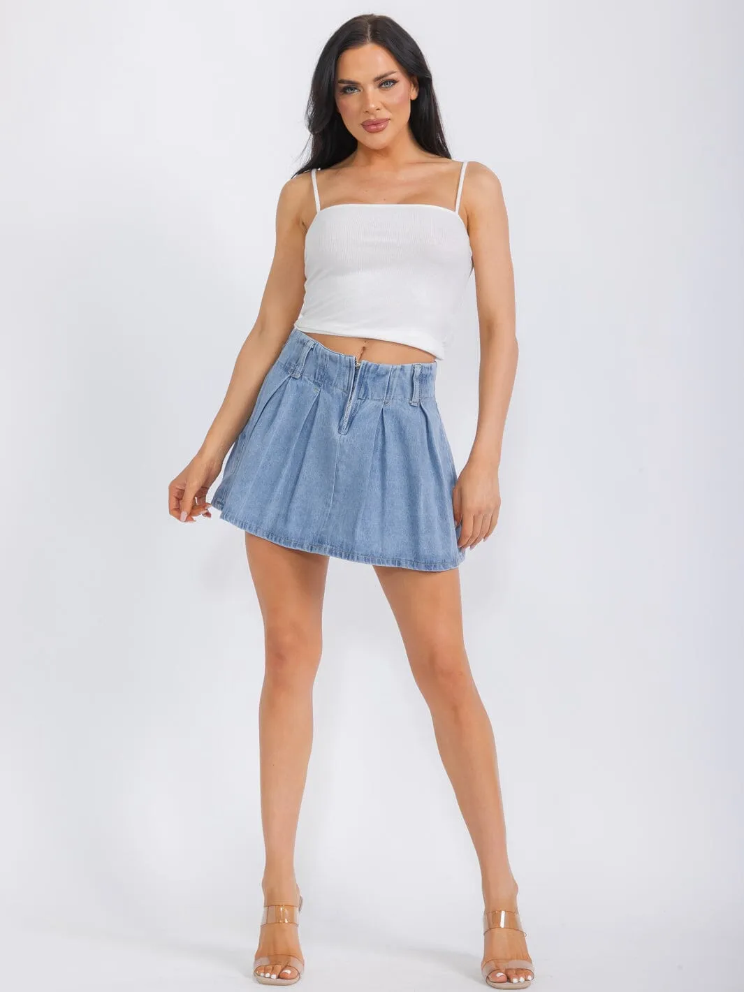 WOMEN'S ZIP UP PLEATED DENIM MINI SKIRT