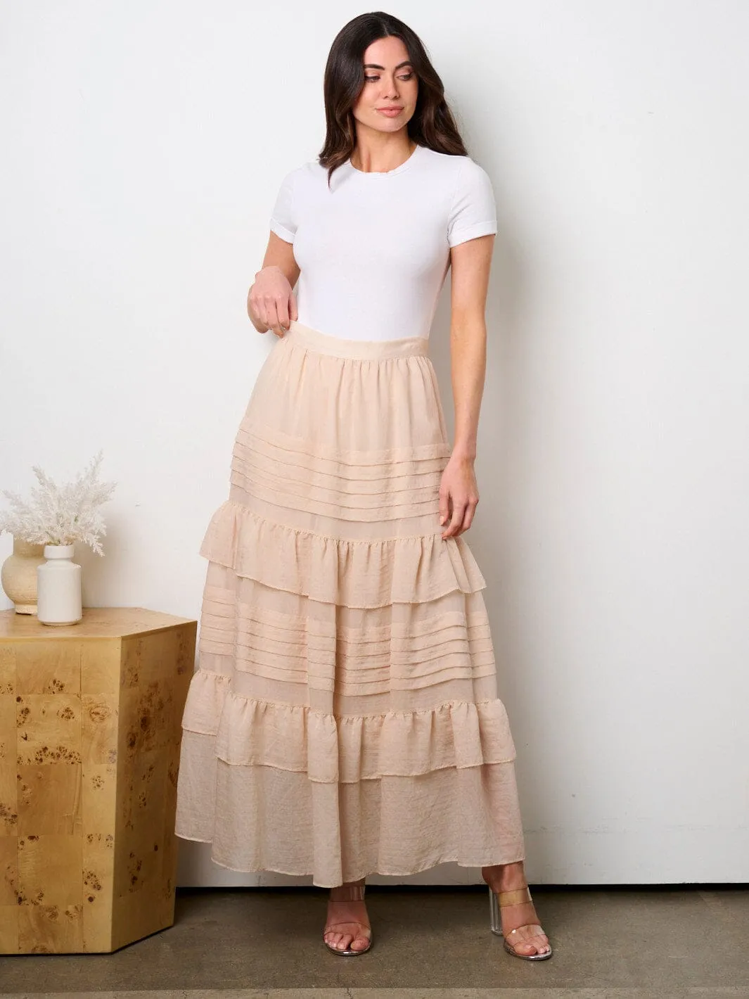 WOMEN'S ZIP UP TIERED RUFFLE MAXI SKIRT