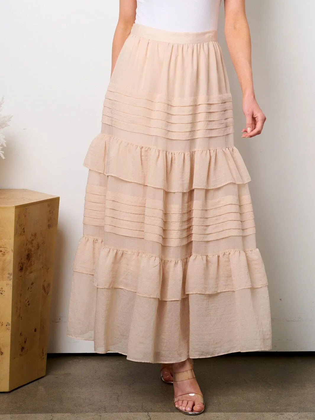 WOMEN'S ZIP UP TIERED RUFFLE MAXI SKIRT