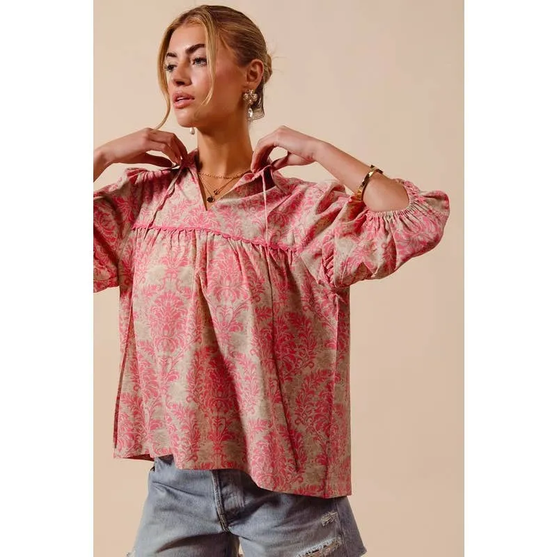 WOVEN NOVELTY PRINTED TOP WITH WAVE TRIM DETAIL