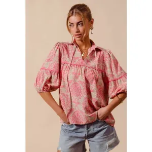 WOVEN NOVELTY PRINTED TOP WITH WAVE TRIM DETAIL