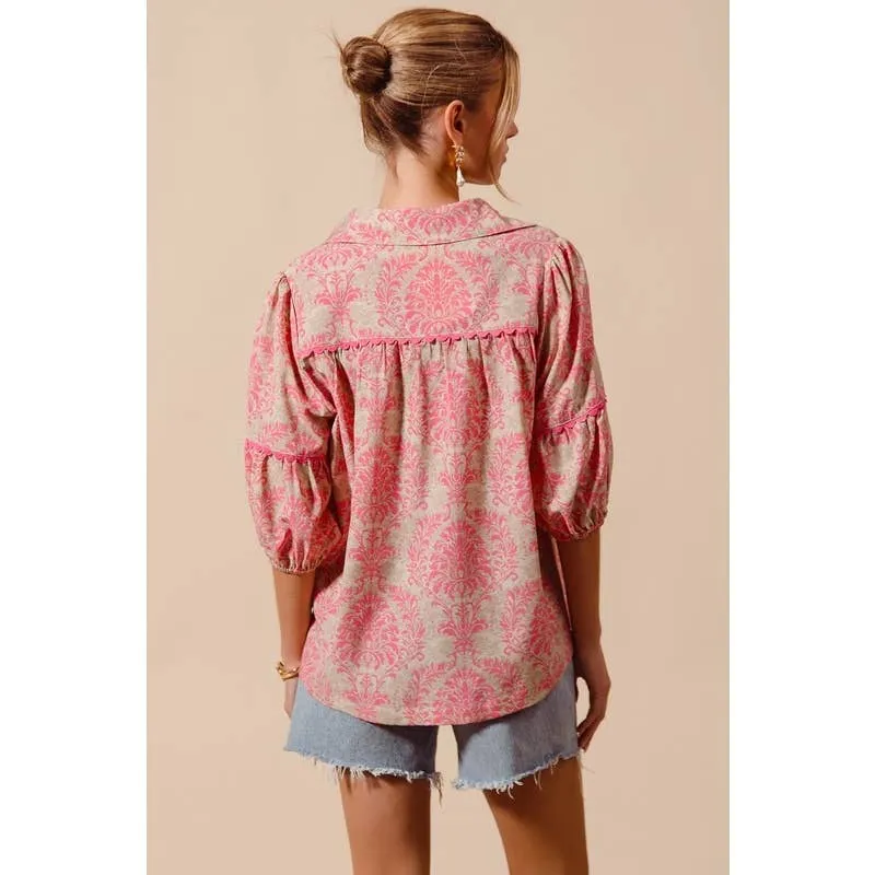 WOVEN NOVELTY PRINTED TOP WITH WAVE TRIM DETAIL