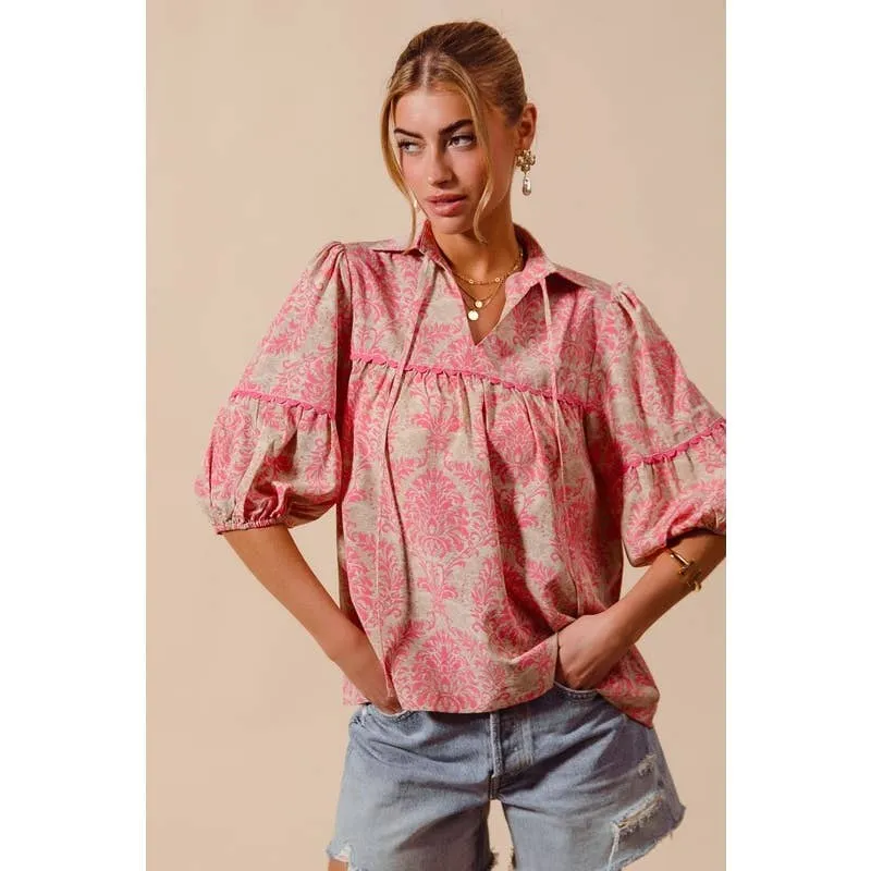 WOVEN NOVELTY PRINTED TOP WITH WAVE TRIM DETAIL