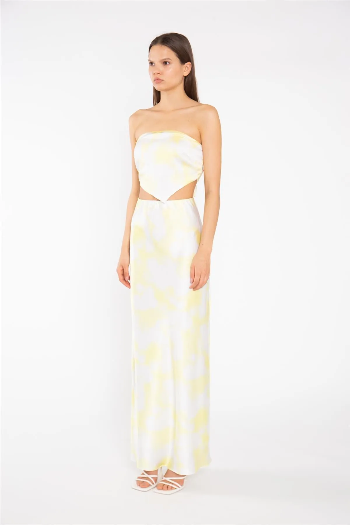 Yellow Print-Satin Bias-Cut Maxi-Skirt
