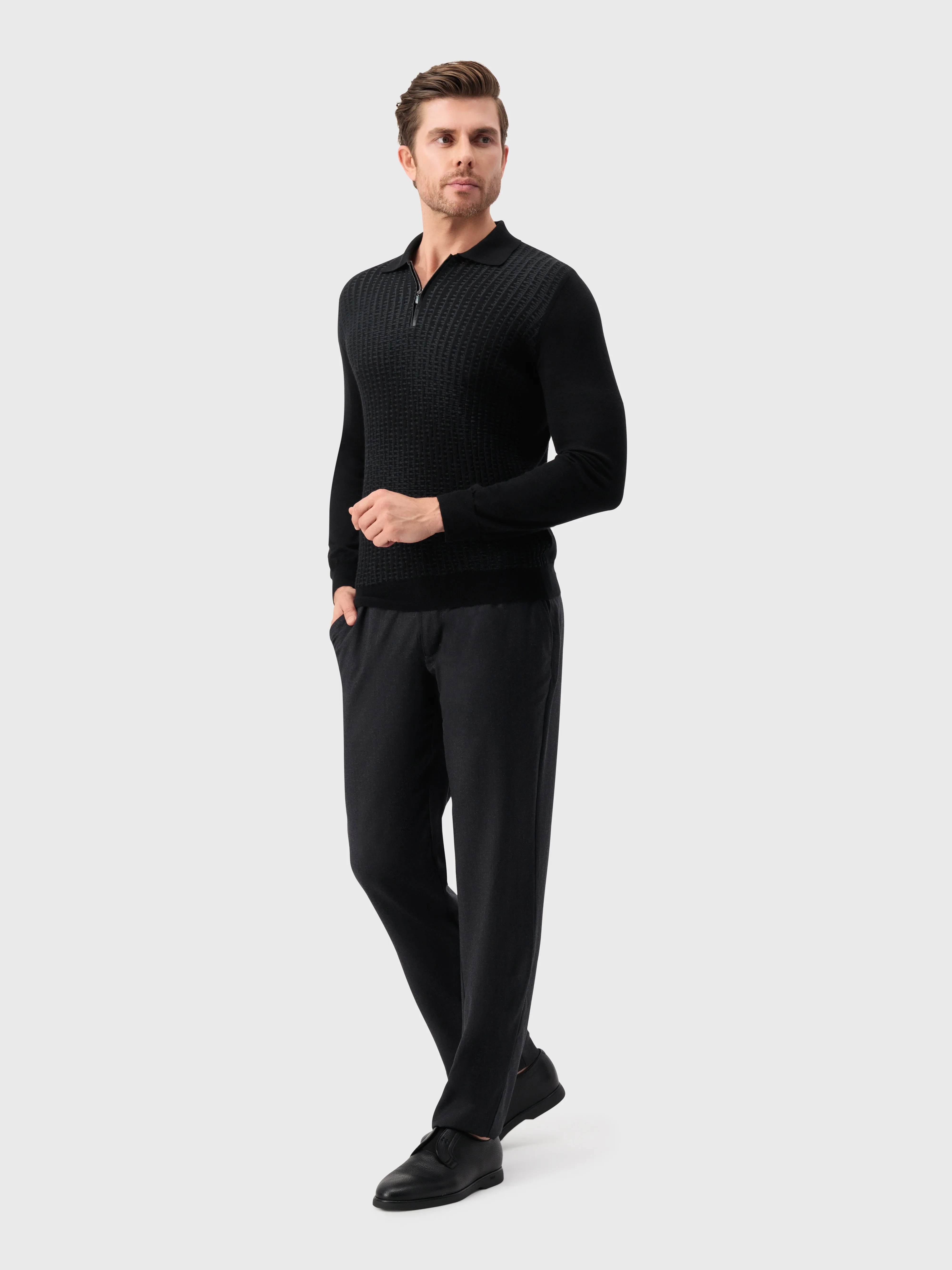 Zipped Knitwear Polo in Cashmere and Silk Black